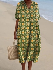 abordables robes imprimées en coton et lin-Femmes Robe maxi Robes inspirées du lin Robe Décontractée Robe en coton et lin Robe évasée Occasionnel Quotidien Coupe régulière Fleuri Demi Manches Col en V Vert Été Printemps Automne