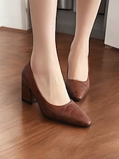 olcso Block Heels-női barna sarokpumpák – hegyes orrú retro formális cipő elegáns varrással irodai és parti viselethez