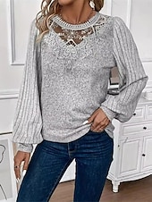 abordables Hauts en dentelle-Blouses en dentelle élégante pour femmes blouses ajourées tops réguliers unis décontractés à manches longues col rond patchwork en dentelle ajustement régulier quotidiens romantiques petits tops pour