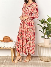preiswerte Elegante Blumenkleider-Damen Maxikleid mit Blumenmuster und V-Ausschnitt, lange Ärmel, Frühling/Herbst