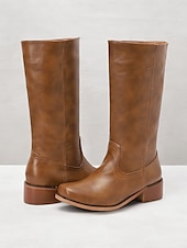 levne Cowboy &amp; Western Boots-dámské hnědé westernové kovbojské boty z umělé kůže - výška do půl lýtek s naskládaným podpatkem pro ležérní outfity a outfity ve venkovském stylu