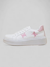 economico Sneakers da donna-sneakers da donna bianche con plateau e ricamo a farfalla | scarpe casual con lacci per tutti i giorni