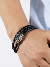 baratos Jóias Masculinas-pulseira masculina de couro trançado com detalhes em contas de metal – pulseira preta elegante de camada dupla com fecho magnético