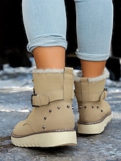 abordables Botas de nieve e invierno-Botas de nieve de invierno para mujer de color marrón con forro de piel sintética: botas cálidas y aislantes para exteriores con detalle de hebilla y suela antideslizante para clima frío