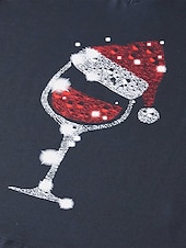 preiswerte Weihnachts-T-Shirts-Damen Bluse Langarm V-Ausschnitt Print Weihnachtsmannmütze Weingläser Urlaubs T-Shirt Schwarz Festlich Casual Party Top Bequem