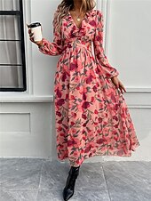 cheap Casual Floral Dresses-Women&#039;s Floral V Neck Maxi Dress Long Sleeve Summer Spring
