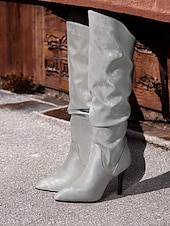 olcso Slouch Boots-női, ezüst színű, domború térdig érő csizma – stílusos hegyes orrú csizma tűsarkúval a divatos megjelenésért