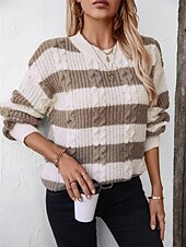 economico Colori solidi-Per donna Felpa Informale Morbido A strisce A coste Girocollo Lavorato a maglia Manica lunga Top regolari Maglia Esterno Giornaliero Fine settimana Nero Caffè Autunno Inverno