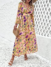 cheap Casual Floral Dresses-Women&#039;s Floral V Neck Maxi Dress Long Sleeve Summer Spring