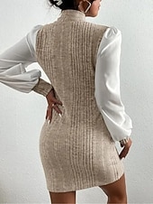 preiswerte Einfaches Kleid-Damen Casual kleid Minikleid Patchwork Brautkleider schlicht Ständer Langarm Braun Beige Farbe