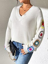 economico Motivi grafici e dettagli-Per donna Felpa Informale Morbido Floreale Uncinetto A V Lavorato a maglia Manica lunga Top regolari Maglia Esterno Giornaliero Fine settimana Nero Bianco Autunno Inverno