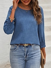 preiswerte Damen Einfache Oberteile-Damen Hemd Bluse Feste Farbe Basic Brautkleider schlicht Langarm Rundhalsausschnitt Normale Oberteile Täglich Patchwork Knopf Wein Blau Grün Herbst Winter