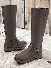 baratos Botas da moda-botas femininas marrons de cano alto com zíper lateral e fivela, salto baixo e design durável – perfeitas para uso casual e ao ar livre