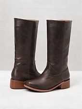 levne Cowboy &amp; Western Boots-dámské hnědé westernové kovbojské boty z umělé kůže - výška do půl lýtek s naskládaným podpatkem pro ležérní outfity a outfity ve venkovském stylu