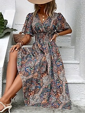 abordables Robes Bohémiennes-Femmes Robe maxi Robe Décontractée Robe évasée Robe trapèze Robe bohème Occasionnel Quotidien Coupe régulière Fleuri Paisley Manche Courte Col en V Bleu Fuchsia Été Printemps Automne