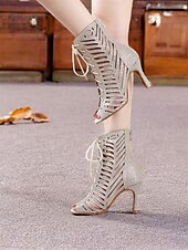 abordables Chaussures de danses latines-bottes de danse en maille à lacets et strass pour femmes - chaussures de performance à talons hauts et à bout ouvert pour la danse de salon et la danse latine