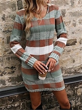 preiswerte Strickkleider-Damen kariertes Maxikleid mit V-Ausschnitt, lange Ärmel, Frühling/Herbst