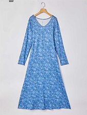 billige Elegante blomsterkjoler-kvinners vinterkjole t-skjortekjole tee-kjole floral stammelomme v-hals lang kjole maxikjole vintage etnisk daglig langermet høst vinter