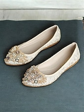 お買い得  花嫁/花婿の母-花嫁の母用ウェディングフラットシューズ、セレモニー＆レセプション用のエレガントなドレススリッポンシューズ、装飾アーモンドトゥ、アイボリー