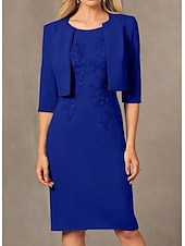 preiswerte Mit Jacke-Zweiteiliges Sheath  Column Kleid Strandhochzeitsanzug Kleid der Mutter der Braut Einfacher Juwel-Ausschnitt Knielängen Stretch-Stoff Jackenbekleidungen mit Bestickungsapplikationen Renntag Kleid