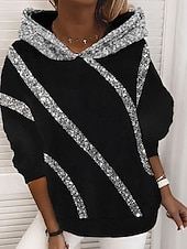 baratos Loja Gráfica Moletons &amp; Capuzes-Mulheres Casual Manga Longa Capuz Tops regulares Rua Dia a Dia Paetês Patchwork Preto Cinzento Outono Inverno