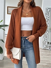 billiga Öppen front cardigan-Dam Tröja Kofta Ledigt Mjukt Ren färg Ribbad Öppen front Pärlor Stickat Långärmad Långa toppar Sticka Utomhus Dagligen Helgen Svart Blå Höst Vinter