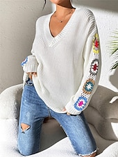 economico Motivi grafici e dettagli-Per donna Felpa Informale Morbido Floreale Uncinetto A V Lavorato a maglia Manica lunga Top regolari Maglia Esterno Giornaliero Fine settimana Nero Bianco Autunno Inverno