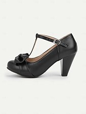 billiga 1950-talet-svarta t-bandklackar för kvinnor med rosettdetalj - vintageinspirerade chunky pumps för kontor, fester eller högtidliga tillfällen