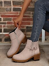 cheap Ankle Boots-Women&#039;s Grey Ankle Boots – Stylish Block Heel with Strap Details, Side Zip, and Rugged Sole for Casual and Outdoor Wear