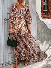 abordables Robes de vacances-Femme Robe Maxi Robe casual Robe Évasée Robe Trapèze Décontractées du quotidien Standard Cachemire manche longue Col V Vin Eté Printemps Automne