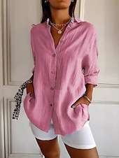 preiswerte Hemden-Damen Hemd Baumwoll-Leinen-Hemden Knopfleiste Bluse Einfarbig Basic Lässig Langarm Bischofsärmel Hemdkragen Normale Oberteile Urlaub Täglich Patchwork Knöpfe Rosa Blau Khaki Herbst Winter