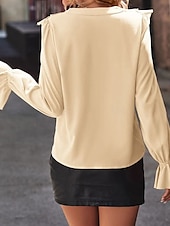 preiswerte Elegante Oberteile-Damen Hemd Bluse Feste Farbe Basic Brautkleider schlicht Langarm V Ausschnitt Normale Oberteile Täglich Rüsche Beige Herbst Winter