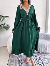 abordables Robe de cocktail-Robe casual Robe Évasée Robe Trapèze Femme Robe mi-longue Patchwork Avec ceinture Sport &amp; Loisir Plein Air Décontractées Col V manche longue Standard Noir Vin Vert S M L XL
