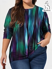 cheap Plus Size T Shirts-Women&#039;s Plus Size Tops T shirt Ombre Print Long Sleeve Crew Neck Casual Daily Fall Winter Blue
