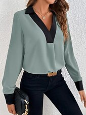 economico Top da Lavoro per Donne-Per donna Camicia Manica lunga A V Bianco Marrone Verde Primavera &amp; Autunno