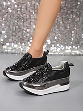 billige Sneakers til kvinner-svarte slip-on joggesko for kvinner med glitterpynt og plattformsåle – stilige fritidssko for hverdagsbruk