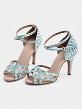 cheap Latin Shoes-Women&#039;s Gold Rhinestone-Embellished Latin Dance Shoes - Open-Toe Heels with Strappy Design for Ballroom, Salsa, and Special Occasions