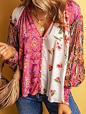 cheap Women&#039;s Graphic Tops-Women&#039;s Shirt Blouse Floral Casual Long Sleeve V Neck Regular Tops Daily Buttons Print Rainbow Fall Winter