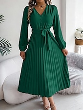 cheap Work Dresses-Women&#039;s Vintage Dress Mini Dress Pleated High Waist Elegant Formal V Neck Long Sleeve Blue Green Khaki Color