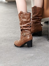 olcso Slouch Boots-barna, térdig érő női csizma csatos részletekkel és blokksarkúval – klasszikus és sokoldalú lábbeli hétköznapi és őszi ruhákhoz
