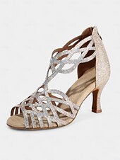 abordables Chaussures de danses latines-sandales de danse noires à strass pour femmes avec design à lanières et talon moyen – parfaites pour la danse de salon, la salsa et la danse latine