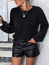 cheap Solid Colors-Women&#039;s Sweater Casual Soft Pure Color Ribbed Crew Neck Lace Patchwork Knitted Long Sleeve Regular Tops Knit Outdoor Daily Weekend Black White Fall Winter