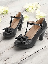 billiga 1950-talet-svarta t-bandklackar för kvinnor med rosettdetalj - vintageinspirerade chunky pumps för kontor, fester eller högtidliga tillfällen