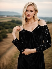 economico vestito da festa-Abito midi in velluto con spalle scoperte e scollo a V