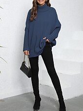 preiswerte Einfarbige Farben-Damen Pullover Brautkleider schlicht Weich Einfarbig Gerippt Rollkragen Strick Langarm Normale Oberteile Stricken Outdoor Täglich Wochenende Marineblau Grün Herbst Winter