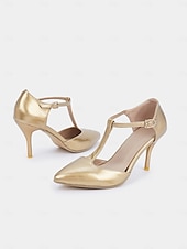 economico Semi-formale-eleganti tacchi a spillo con cinturino a T in vernice rossa da donna - ideali per matrimoni e occasioni speciali
