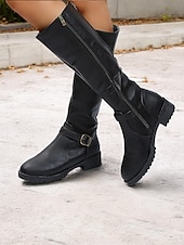 baratos Botas da moda-botas femininas marrons de cano alto com zíper lateral e fivela, salto baixo e design durável – perfeitas para uso casual e ao ar livre