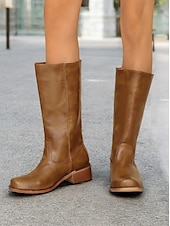 levne Cowboy &amp; Western Boots-dámské hnědé westernové kovbojské boty z umělé kůže - výška do půl lýtek s naskládaným podpatkem pro ležérní outfity a outfity ve venkovském stylu