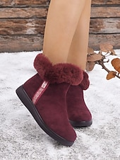 baratos Botas de neve e inverno-botins femininos de camurça bordô com punho de pele sintética e sola antiderrapante – calçados quentes de inverno para uso casual e ao ar livre