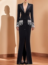 preiswerte Bodenlänge-Schwarz Weiß Blazer A-Linie Abendkleid Vintage Smoking Kleid Formal Hochzeit Bodenlänge Lange Ärmel Hemdkragen mit Strass Glitzer 2025